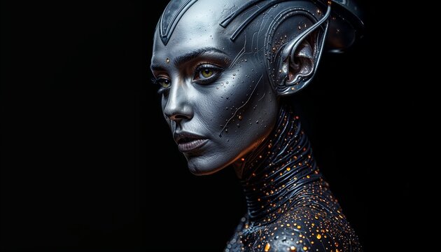 Portrait of a futuristic silver alien woman. Sci-fi female character with metallic skin.