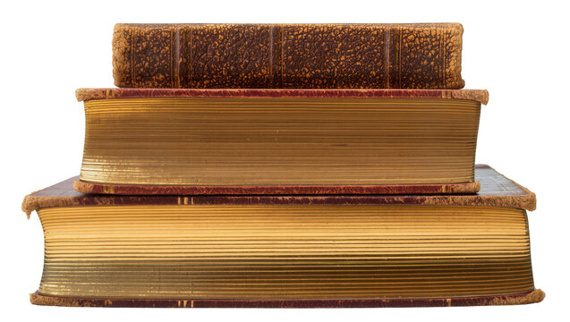 Stack of three antique leather-bound books with gilded pages, isolated on transparent background