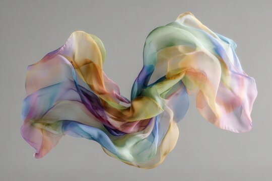 A delicate, flowing silk scarf with a watercolor-like abstract pattern in pastel hues of blue, green, yellow, purple, and pink drifts gracefully through the air.