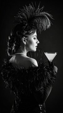 Elegant 1920s flapper silhouette with cocktail in classic black and white glamour