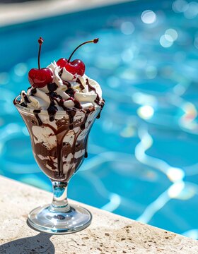 Refreshing Chocolate Sundae with Whipped Cream and Cherries Served Beside a Sparkling Swimming Pool on a Sunny Summer Afternoon