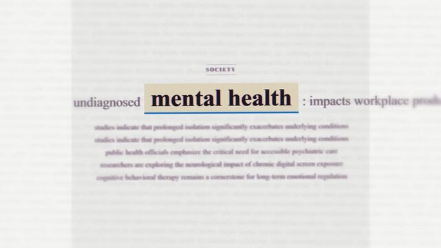 Mental health psychology breaking news macro text montage, anxiety depression medical journal stop motion typography