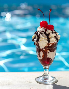 Delicious ice cream sundae with whipped cream, chocolate syrup, and cherries by a swimming pool