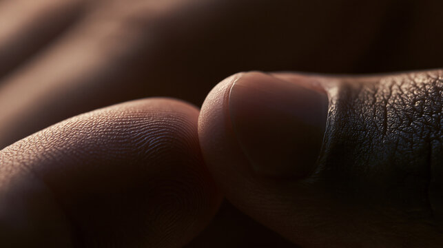 An extreme macro photograph captures two fingertips gently pressing together, revealing detailed fingerprint ridges.