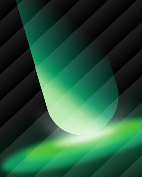 Abstract glowing green spotlight beam with diagonal stripes pattern on dark background
