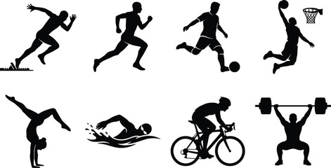 Athletes Sports Silhouette Icons Set Including Running Soccer Basketball Swimming Gymnastics Cycling Weightlifting © MDSabdulhossain