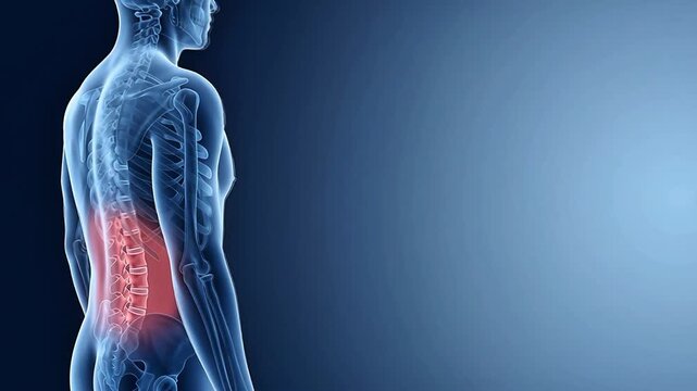 3D Medical Illustration of Human Lower Back and Lumbar Spine Pain Anatomy on Blue Background