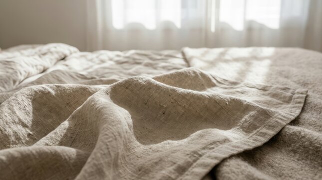 Crumpled linen bedding on a bed in morning light