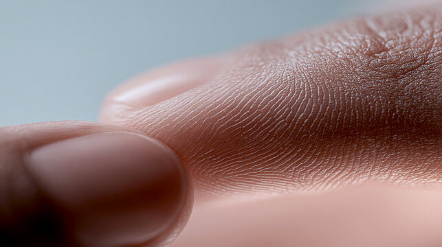 An extreme macro photograph captures a fingertip being gently touched near the nail, revealing sharply defined skin ridges.
