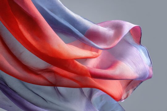 Flowing silk fabric in shades of coral, lavender, and violet drapes and folds gracefully, catching the light and creating a dynamic, abstract visual.