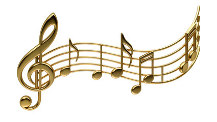 Golden treble clef and musical notes on staff, isolated on transparent background © Aliona