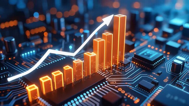 Cinematic close-up of glowing circuit board with animated 3D bar graph and upward trending arrow, symbolizing financial growth, technology, digital economy, and progress, on a dark background