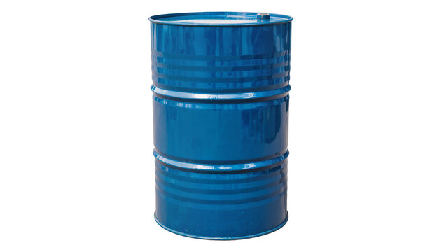 Shiny blue metal barrel with horizontal ridges, isolated on transparent background