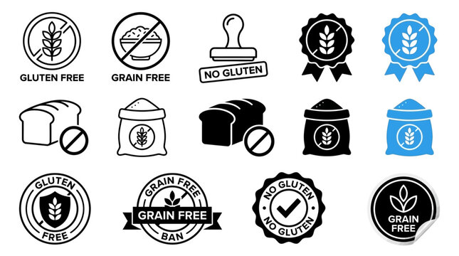 Gluten Free Label with Grain Free Icon and Forbidden Prohibition Symbol for Celiac Disease Awareness, Healthy Dieting, Food Safety Certification, Wheat Allergy Warning, and Nutrition.