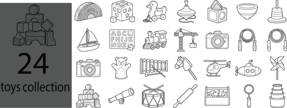 Classic wooden children toys line art icon collection in vintage hand drawn doodle styleClassic wooden children toys line art icon collection in vintage hand drawn doodle style