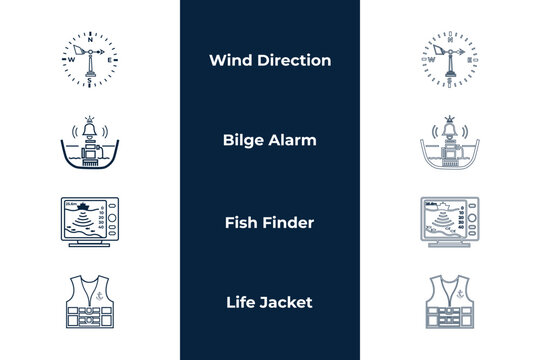 Marine safety and navigation equipment outline vector icon set with wind direction vane, bilge water alarm, fish finder sonar, and life jacket.