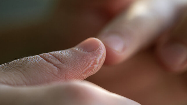 An extreme macro photograph captures a human fingertip in sharp focus while another hand approaches softly in the background.