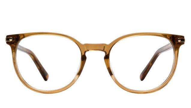 Round brown acetate eyeglasses with tortoise pattern temples, isolated on transparent background