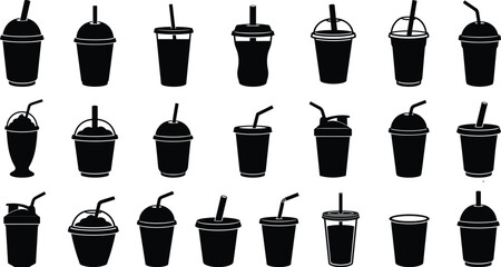Takeaway cold beverage cup silhouette vector icon set with lids and strawsTakeaway cold beverage cup silhouette vector icon set with lids and straws © MostMeskatun