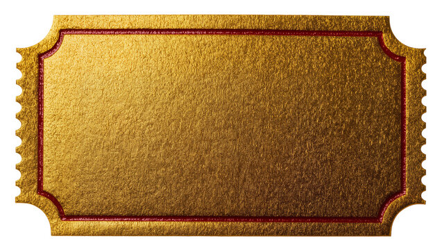 Golden ticket with red border textured surface, isolated on transparent background