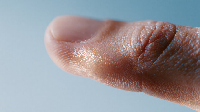 An extreme macro photograph captures a human fingertip with a natural nail, sharply defined fingerprint ridges, and detailed skin creases.