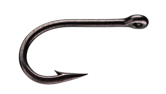 Dark metal fishing hook with sharp barb, isolated on transparent background