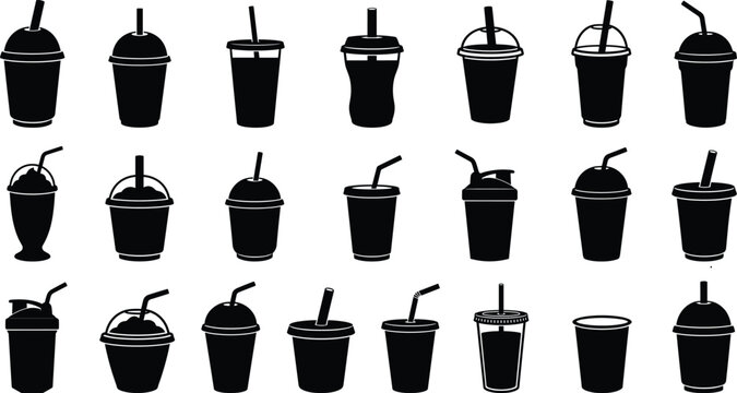 Takeaway cold beverage cup silhouette vector icon set with lids and strawsTakeaway cold beverage cup silhouette vector icon set with lids and straws