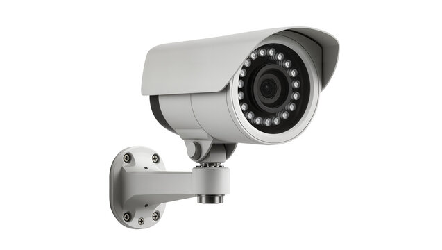 White bullet security camera with infrared LEDs, isolated on transparent background