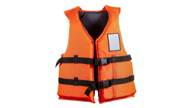 Bright orange life vest with black straps and buckles, isolated on transparent background
