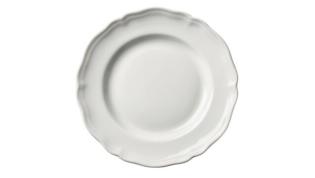 White porcelain dinner plate with scalloped rim, isolated on transparent background