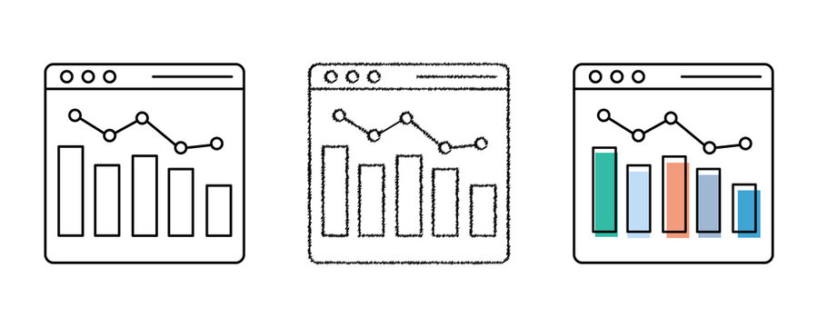 Financial analytics web dashboard icon set with bar charts and line graphs in clean line scribble and colorful flat design styles.