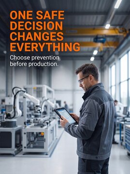 Male engineer using tablet in modern automated factory production line with automated manufacturing facility