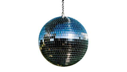 Obraz premium Shiny disco ball covered in small mirrored squares hanging by a chain, isolated on transparent background