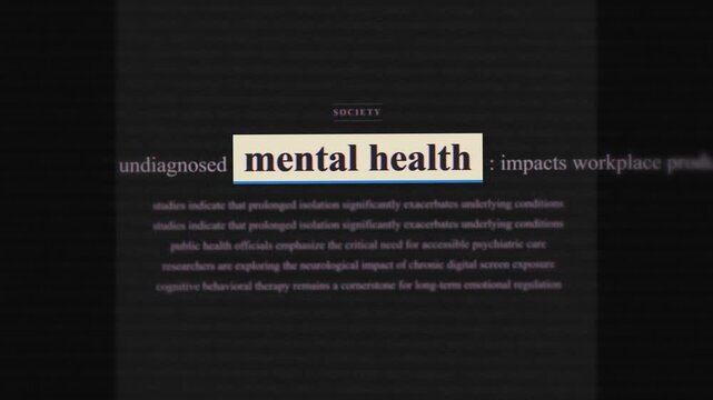 Mental health digital wellness news data text montage, psychology psychiatry stop motion article overlay