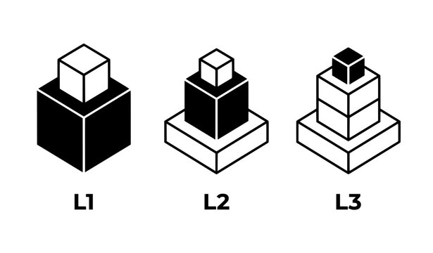Black and White Isometric Blockchain Layers Vector Icon Set
