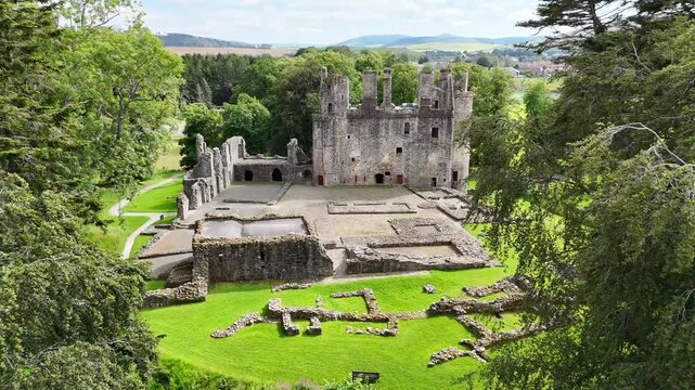 Huntly Castle Scotland, Impressive Medieval Fortress Founded in the 12th Century, Historic Scottish Landmark Captured by Drone
