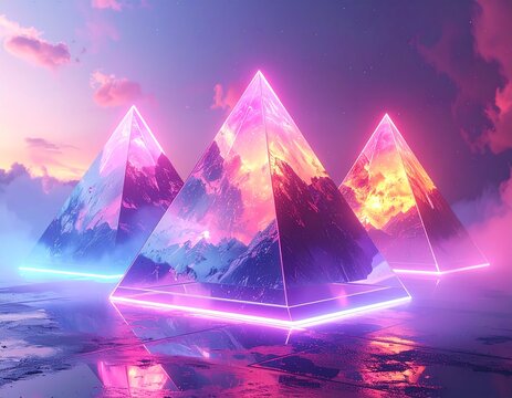 Floating translucent pyramids with neon edges, symmetrical 3D composition, futuristic style