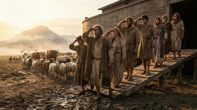 Divine preservation voyage: Noah leader, family gather, animal pair, ark entrance, biblical flood, hope horizon, ancient time, muddy ground, golden light, mountain view.