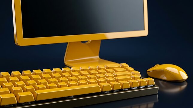 Close-up Of Yellow Computer Keyboard And Mouse On A Dark Blue Surface