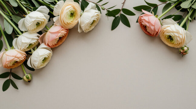 Top View Flat Lay Frame of Cream, Apricot, and Blush Pink Ranunculus Flowers with Greenery and Copy Space on Neutral Background