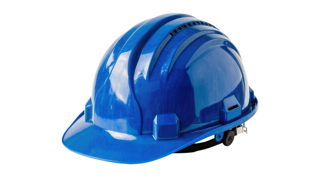 Shiny blue hard hat with ventilation slots, isolated on transparent background