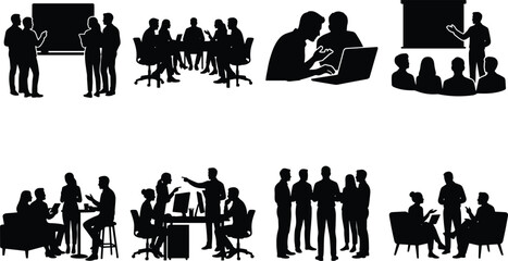 Obraz premium Business People Meeting and Corporate Teamwork Vector Silhouettes Set Including Office Presentation Conference Workstation