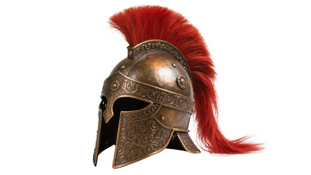 Ancient bronze Corinthian helmet with red plume, isolated on transparent background
