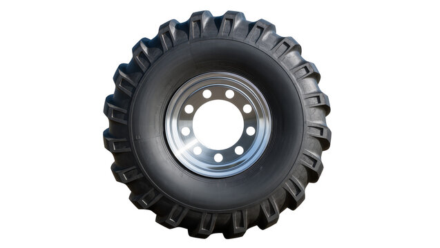 Heavy duty tractor tire with deep treads and metal rim, isolated on transparent background