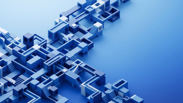 Blue isometric 3D abstract geometric structure resembling a complex architectural maze or microchip system.