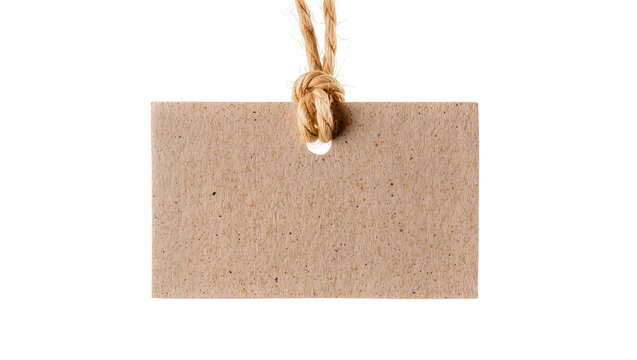 Brown kraft paper tag with jute string knot, isolated on transparent background