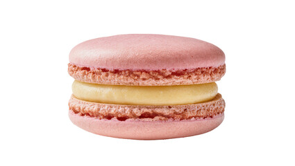 Pink French macaron with creamy yellow filling, isolated on transparent background