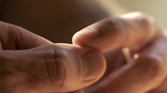 An extreme macro photograph captures one person gently holding and touching another person&rsquo;s finger.
