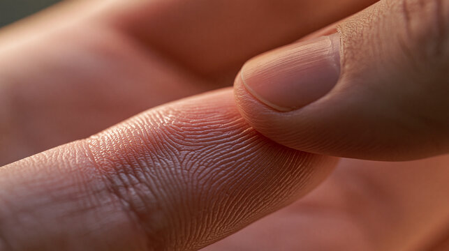 An extreme macro photograph captures one fingertip gently pressing against another, revealing intricate fingerprint ridges.