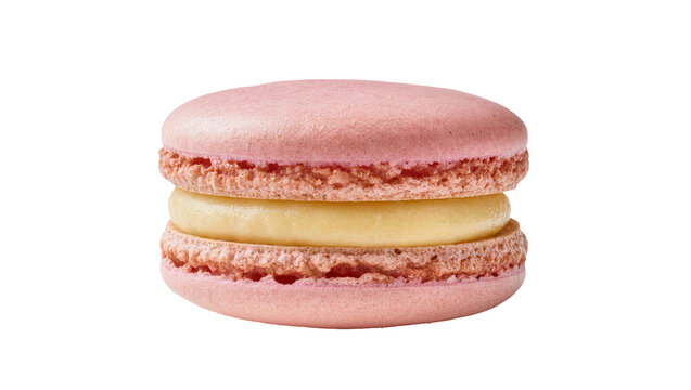Pink French macaron with creamy yellow filling, isolated on transparent background